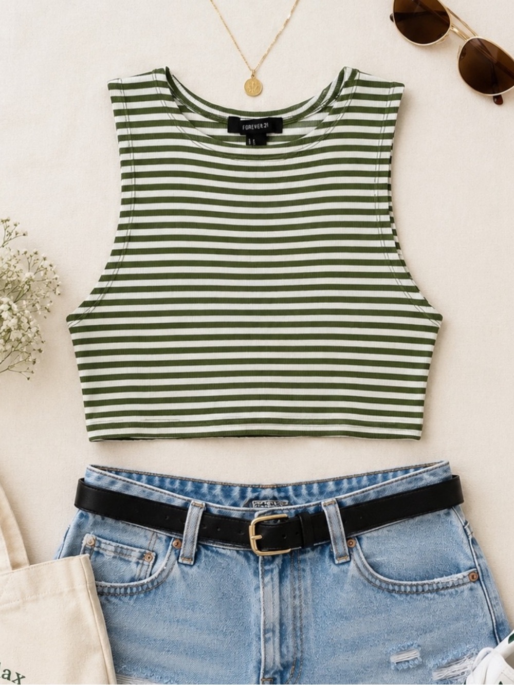 Striped Sleeveless Crop Tank Top | Olive Green & White | Size Large